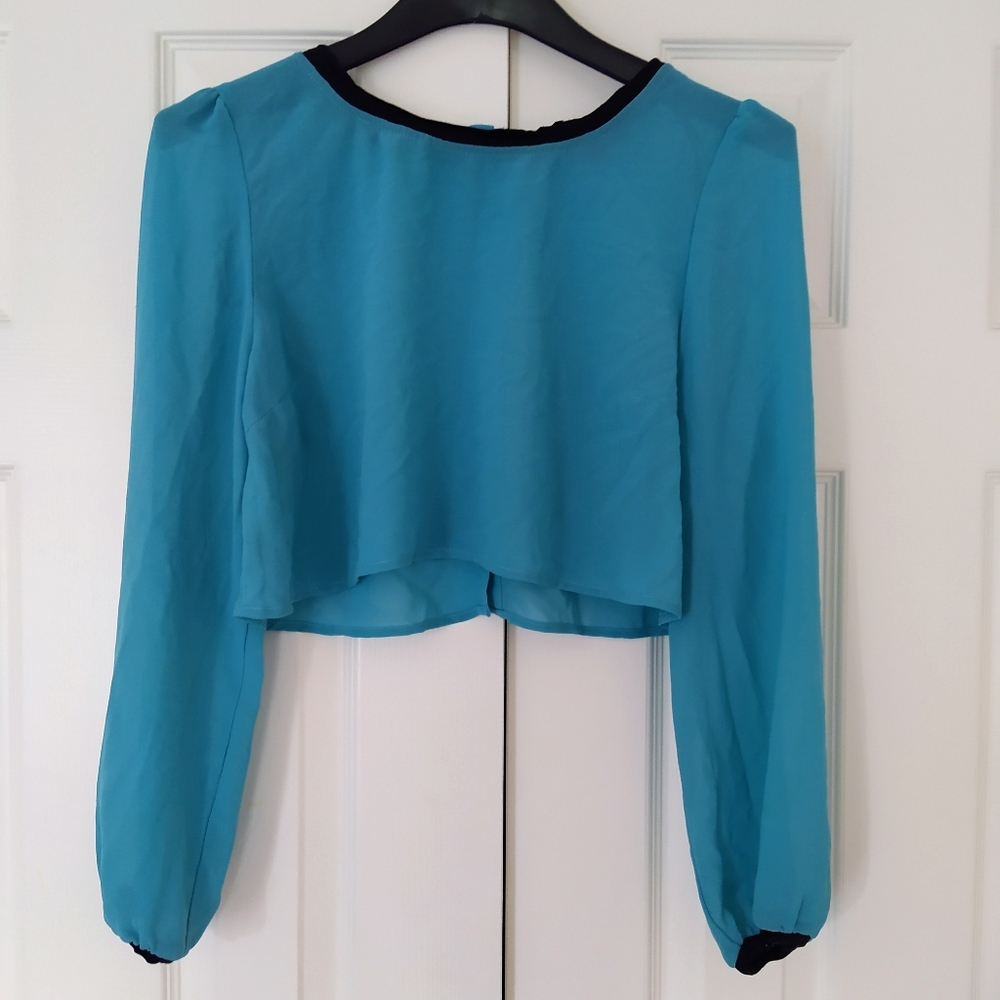 Forever 21 Sheer Back Button Crop Blouse Blue